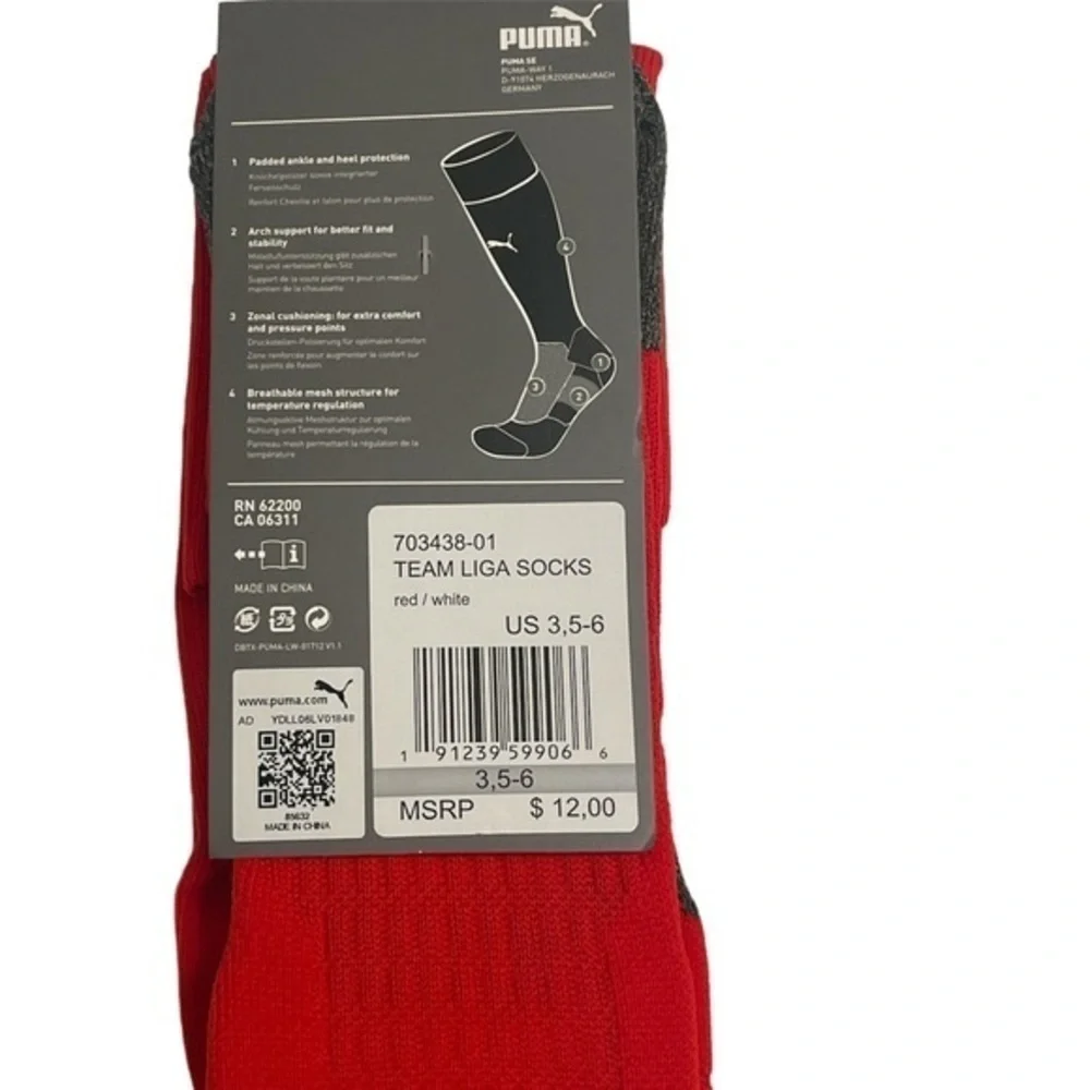 Puma Football Socks Red White Kneehigh Team Liga padded ankle Socks Sz 3 (5-6)